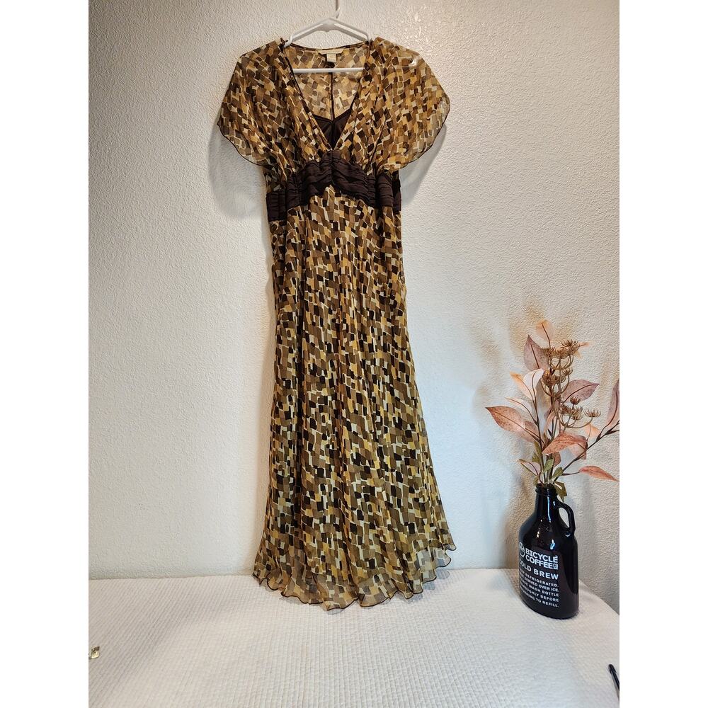 Jonathan Martin 100% Silk Maxi Dress Brown Print Boho Formal PTP 16" L 46"